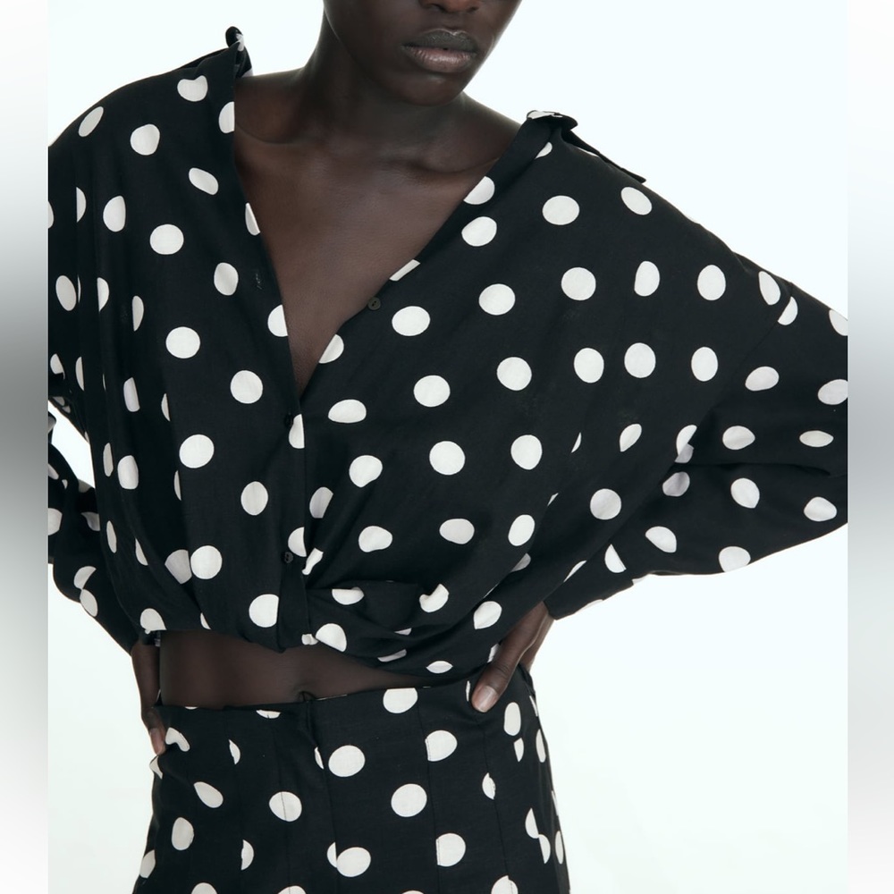 Zara NWT linen black & white polka dot knot front button front long sleeve shirt - Picture 3 of 10